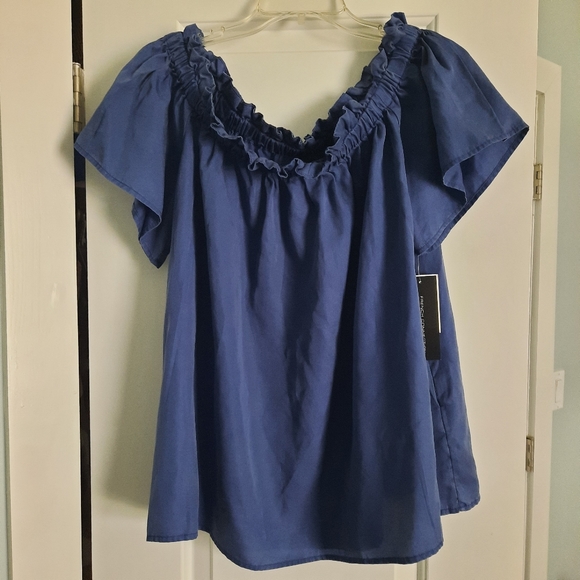 Navy Ruffle Neck Top - Picture 2 of 5